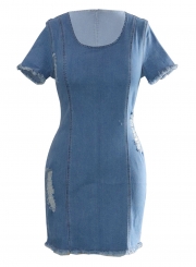 Summer Casual Round Neck Short Sleeve Denim Bodycon Dress