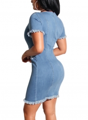 Summer Casual Round Neck Short Sleeve Denim Bodycon Dress