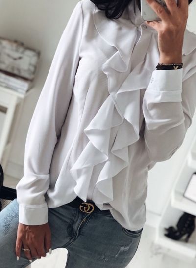 White Elegant Long Sleeve Stand Neck Slim Ruffle Button Down Shirt