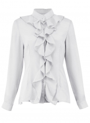 White Elegant Long Sleeve Stand Neck Slim Ruffle Button Down Shirt