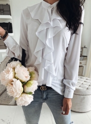 White Elegant Long Sleeve Stand Neck Slim Ruffle Button Down Shirt