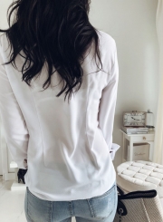 White Elegant Long Sleeve Stand Neck Slim Ruffle Button Down Shirt