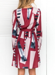 Geometric Pattern Round Neck Short Sleeve High Waist Dress With Belt