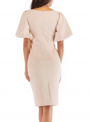 Khaki Summer Casual Round Neck Lantern Sleeve Solid Color Bodycon Dress