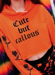 Orange Casual Floral Letters Print Long Sleeve Loose Short Hoodie