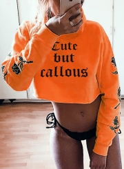 Orange Casual Floral Letters Print Long Sleeve Loose Short Hoodie