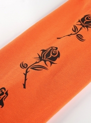 Orange Casual Floral Letters Print Long Sleeve Loose Short Hoodie