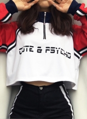 Red Casual Letters Print Long Sleeve Crop Top Loose Sweatshirt With Zip