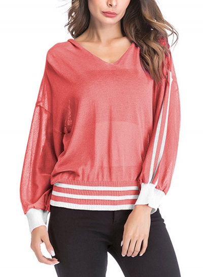 Red Casual Striped Long Sleeve V Neck Hoodie Loose Transparent Pullover Tee