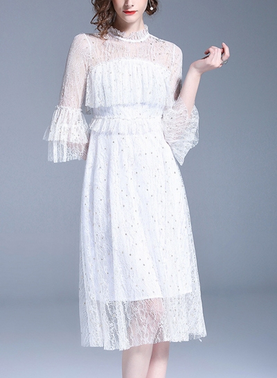 White Sweet Slim Mesh Spicing Flounce Sleeve Round Neck Women A-line Midi Dress LZDINTECOMMERCE.com