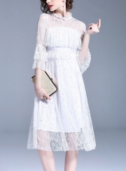 White Sweet Slim Mesh Spicing Flounce Sleeve Round Neck Women A-line Midi Dress