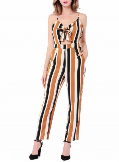 Yellow Fashion Slim Striped Floral Printed Spaghetti Strap Jumpsuit With Bow
