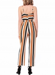 Yellow Fashion Slim Striped Floral Printed Spaghetti Strap Jumpsuit With Bow