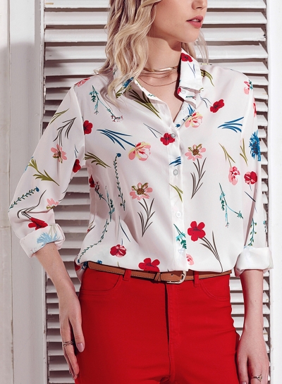 White Women's Floral Print Long Sleeve Turn-Down Collar Loose Button Down Shirt STYLESIMO.com