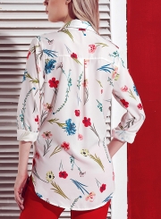 White Women's Floral Print Long Sleeve Turn-Down Collar Loose Button Down Shirt