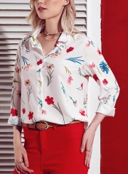 White Women's Floral Print Long Sleeve Turn-Down Collar Loose Button Down Shirt