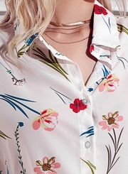 White Women's Floral Print Long Sleeve Turn-Down Collar Loose Button Down Shirt