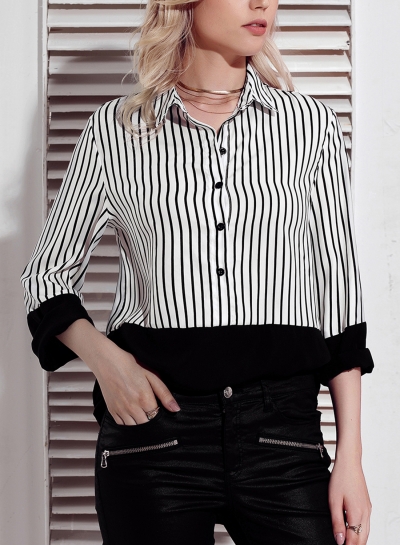 Black Women's Striped Long Sleeve Turn-Down Collar Button Down Shirt YOUYOUFASHIONEC.com