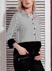 Black Women's Striped Long Sleeve Turn-Down Collar Button Down Shirt