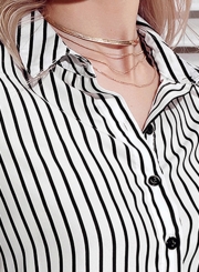 Black Women's Striped Long Sleeve Turn-Down Collar Button Down Shirt