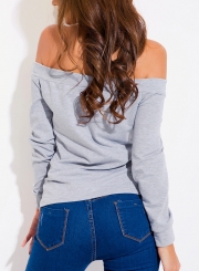 Grey Off Shoulder Long Sleeve Floral Print Lace-Up Slim Sweatshirt