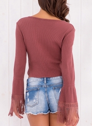 Red Bean Paste Women's Casual Long Sleeve V-Neck Tassel Pullover Knit Sweater Crop Top