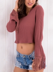 Red Bean Paste Women's Casual Long Sleeve V-Neck Tassel Pullover Knit Sweater Crop Top