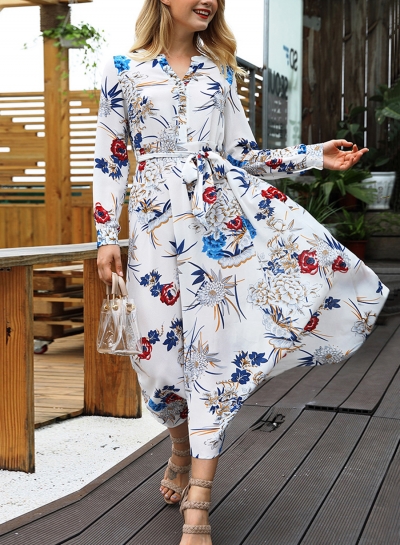 White Floral Print V Neck Long Sleeve A-line Vocation Maxi Dress With Belt YOUYOUFASHIONEC.com