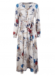 White Floral Print V Neck Long Sleeve A-line Vocation Maxi Dress With Belt