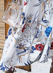 White Floral Print V Neck Long Sleeve A-line Vocation Maxi Dress With Belt