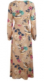 White Floral Print V Neck Long Sleeve A-line Vocation Maxi Dress With Belt