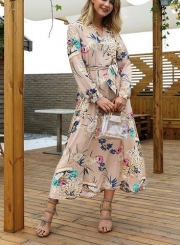 White Floral Print V Neck Long Sleeve A-line Vocation Maxi Dress With Belt