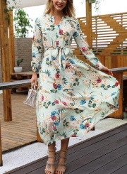 White Floral Print V Neck Long Sleeve A-line Vocation Maxi Dress With Belt