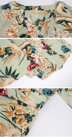 White Floral Print V Neck Long Sleeve A-line Vocation Maxi Dress With Belt