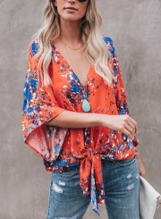 Red Chiffon Floral Print V Neck Half Bow Tie Loose Blouse