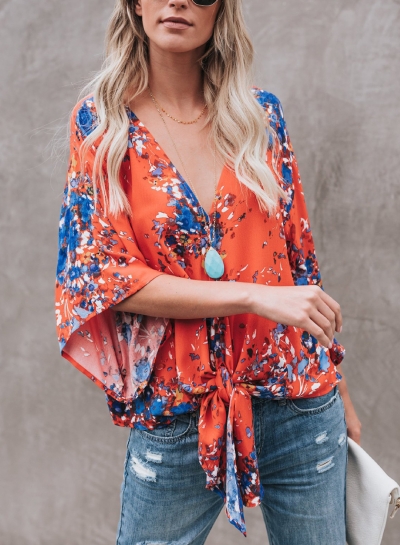 Red Chiffon Floral Print V Neck Half Bow Tie Loose Blouse STYLESIMO.com