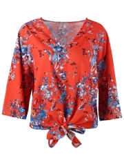 Red Chiffon Floral Print V Neck Half Bow Tie Loose Blouse