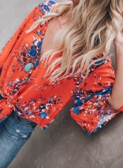Red Chiffon Floral Print V Neck Half Bow Tie Loose Blouse