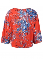 Red Chiffon Floral Print V Neck Half Bow Tie Loose Blouse