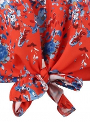 Red Chiffon Floral Print V Neck Half Bow Tie Loose Blouse