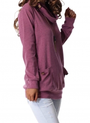 Purple Casual High Neck Long Sleeve Slim Pullover Sweatshirt With Pockets