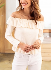 Beige Sexy Off Shoulder Long Sleeve Slim Solid Color Crop Top Ruffle Blouse