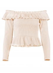 Beige Sexy Off Shoulder Long Sleeve Slim Solid Color Crop Top Ruffle Blouse
