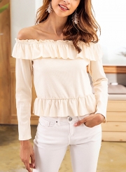 Beige Sexy Off Shoulder Long Sleeve Slim Solid Color Crop Top Ruffle Blouse