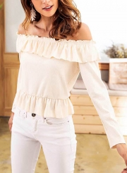 Beige Sexy Off Shoulder Long Sleeve Slim Solid Color Crop Top Ruffle Blouse