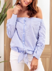 Blue Women's Striped Off Shoulder Long Sleeve Bow Tie Button Down Shirt