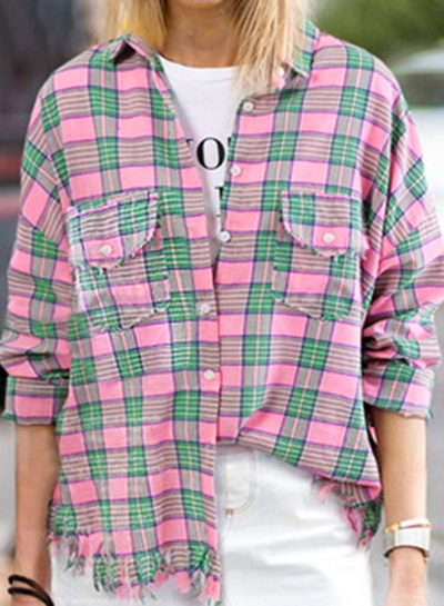 Turn-Down Collar Long Sleeve Loose Plaid Button Down Shirt YOUYOUFASHIONEC.com