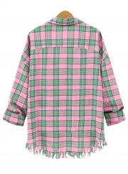 Turn-Down Collar Long Sleeve Loose Plaid Button Down Shirt