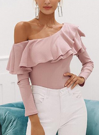 Sexy One Shoulder Long Sleeve Ruffle Neckline Loose Blouse YOUYOUFASHIONEC.com