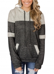 Casual Color Block Long Sleeve Loose Drawstring Hoodie With Pocket